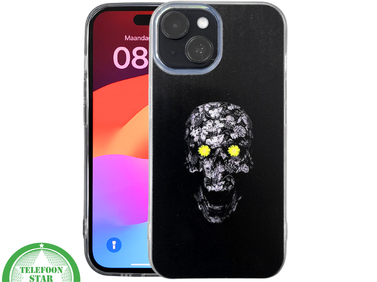 iPhone 15 Hoesje &ndash; Zwart Schedel Design met Bloemen | Kunstzinnig &amp; Beschermend