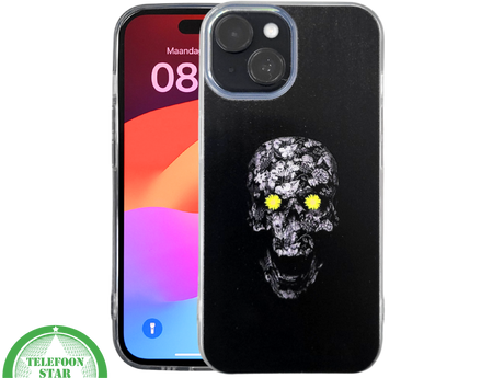 iPhone 15 Plus Hoesje &ndash; Zwart Schedel Design met Bloemen | Kunstzinnig &amp; Beschermend