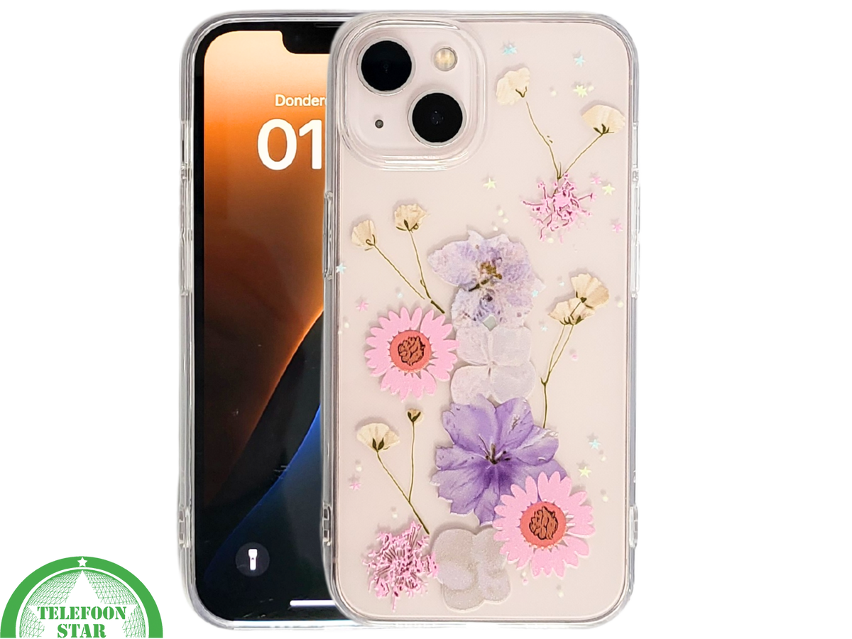 Bloemen Hoesje iPhone 13 / 14 &ndash; Transparant Met Echte Bloemenlook