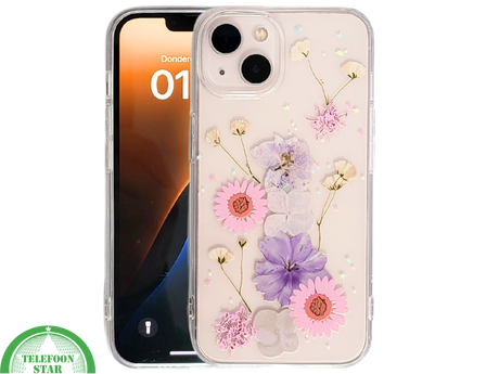 Bloemen Hoesje iPhone 13 / 14 &ndash; Transparant Met Echte Bloemenlook