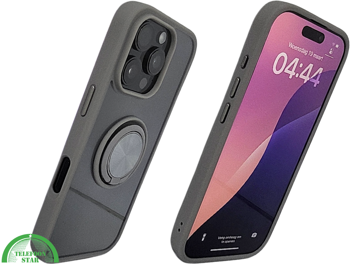 iPhone 16 Pro max Grijs Hoesje Met Ringhouder Stevige Rugcover Voor Extra Grip