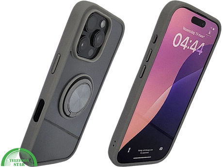 iPhone 16 Pro max Grijs Hoesje Met Ringhouder Stevige Rugcover Voor Extra Grip