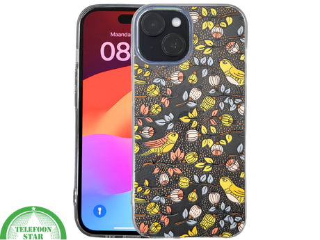 iPhone 15 Plus Hoesje &ndash; Herfstvogels Design met Transparante Rand | Kleurrijk &amp; Beschermend