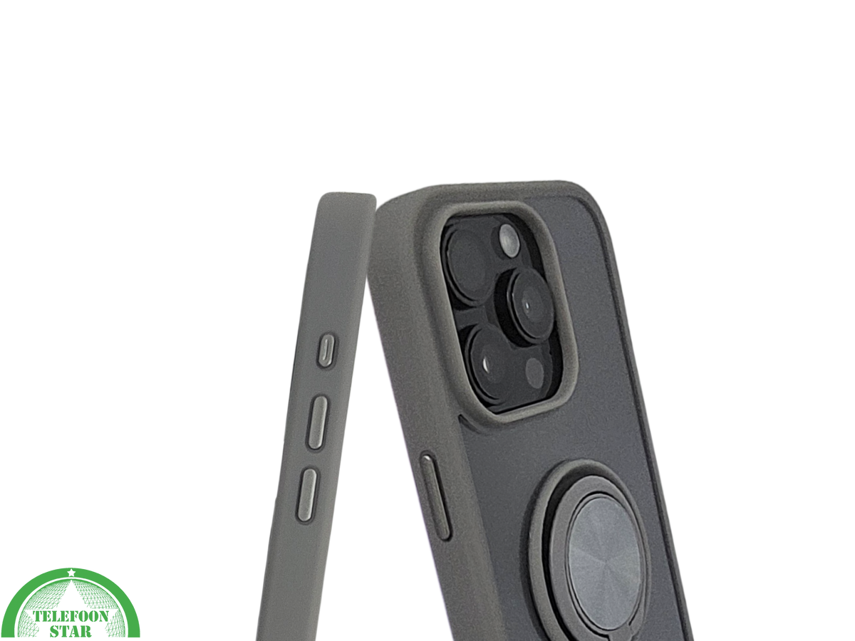 iPhone 16 Pro max Grijs Hoesje Met Ringhouder Stevige Rugcover Voor Extra Grip