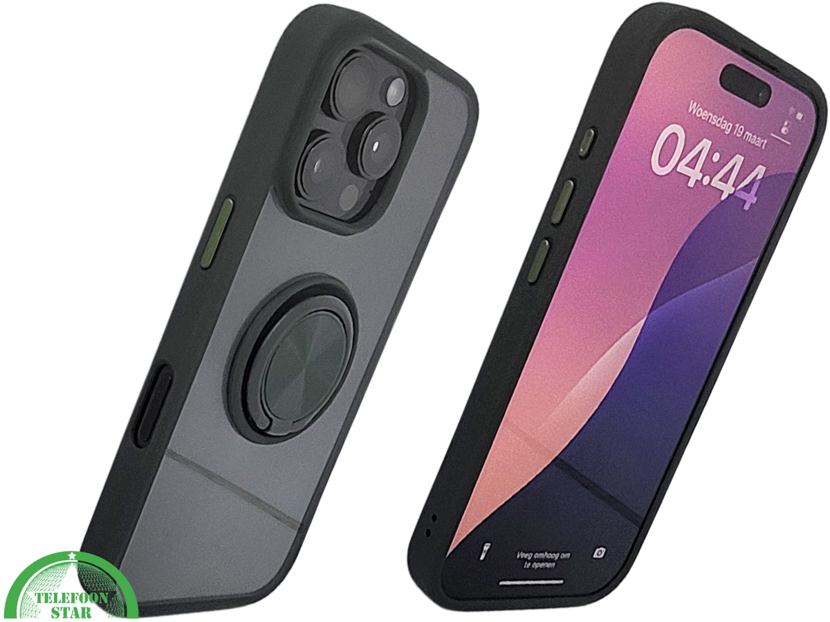iPhone 16 Pro Zwart Hoesje Met Ringhouder Stevige Rugcover Voor Extra Grip