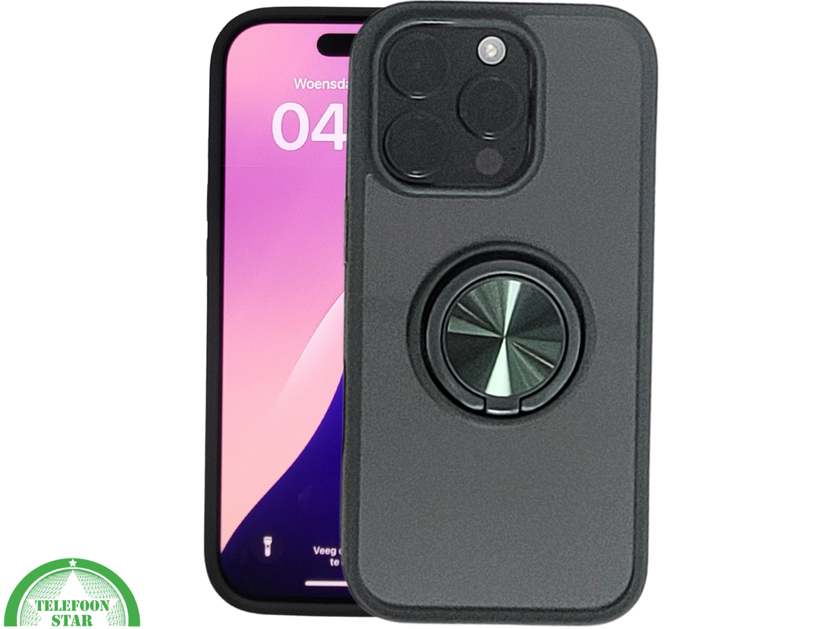 iPhone 16 Pro Zwart Hoesje Met Ringhouder Stevige Rugcover Voor Extra Grip