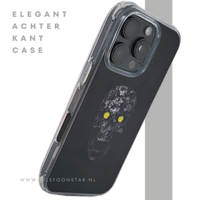 iPhone 16 Pro Zwart Hoesje Met Bloemen Skull Design En Gele Accentdetails