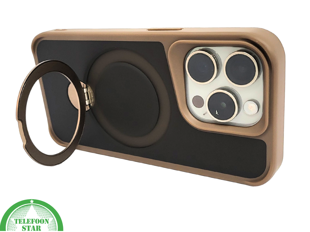 iPhone 15 Pro Hoesje met Ringhouder &ndash; Luxe Bescherming in Bruin-Zwart Design