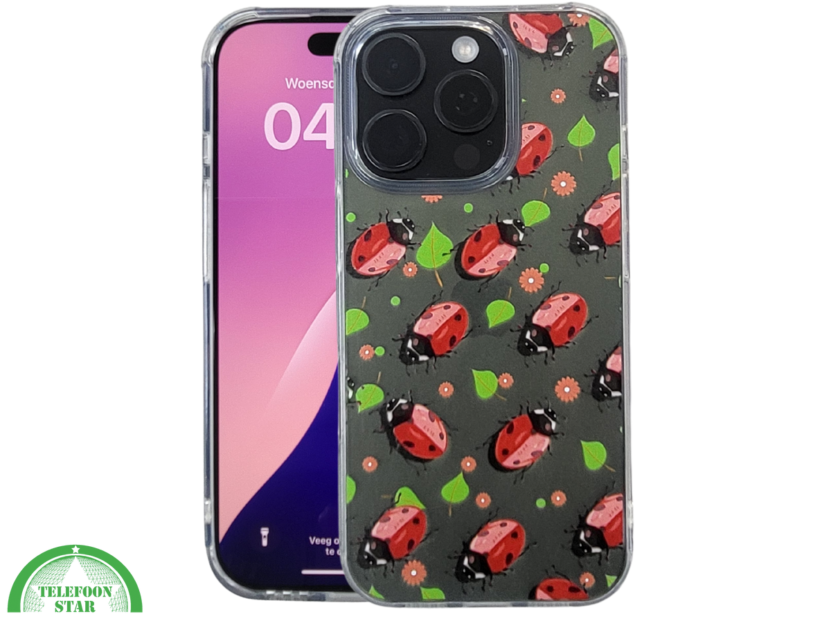 iPhone 16 Pro Max Transparant Hoesje Met Lieveheersbeestjes Groene Achtergrond Bescherming