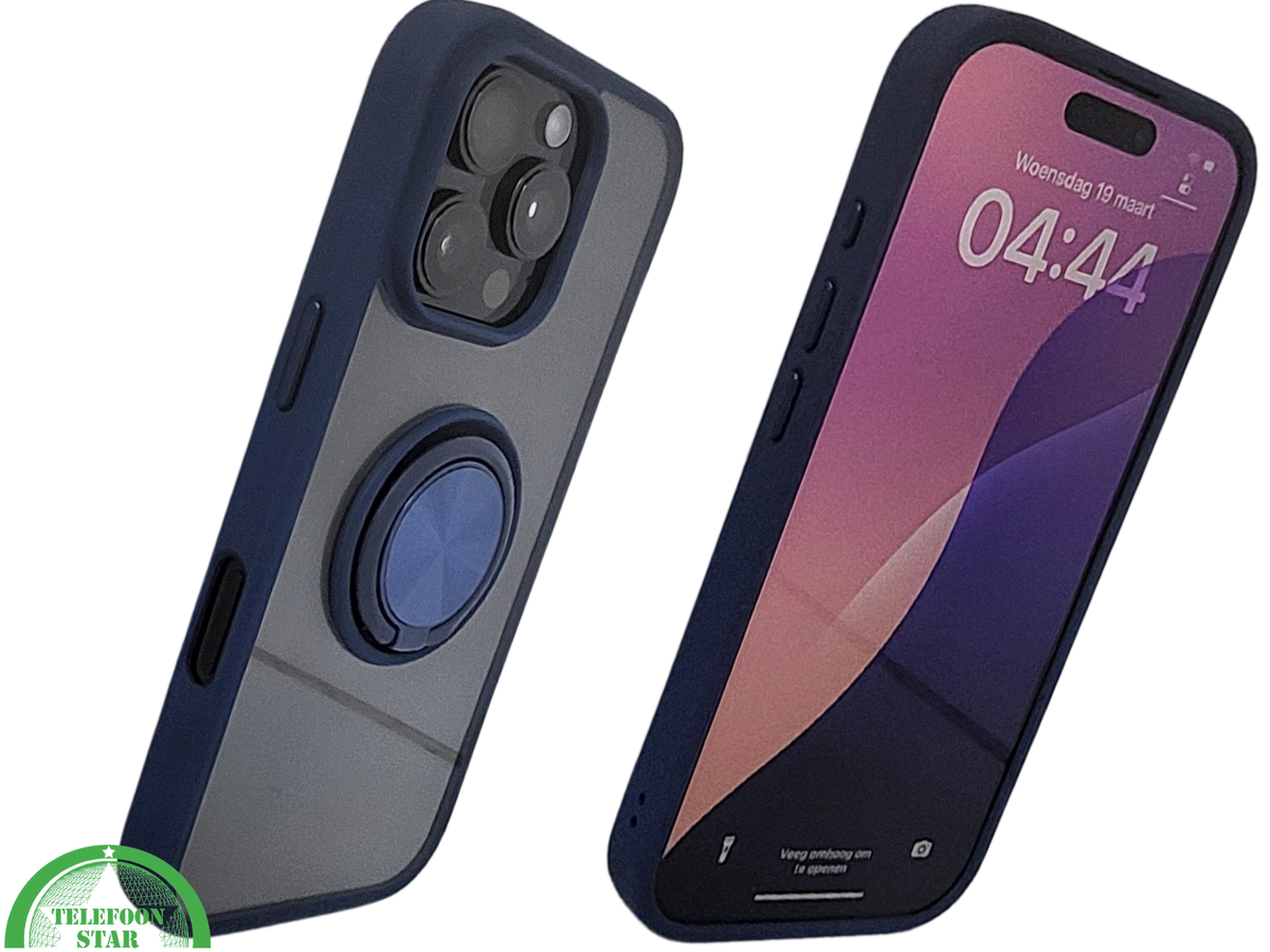 iPhone 16 Pro Donkerblauw Hoesje Met Ringhouder Stevige Rugcover Voor Extra Grip