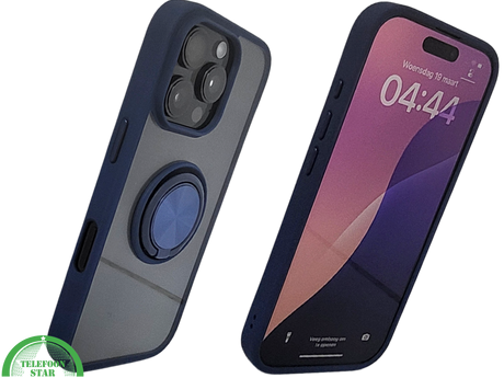 iPhone 16 Pro Donkerblauw Hoesje Met Ringhouder Stevige Rugcover Voor Extra Grip