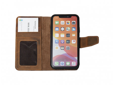 iPhone 15 Plus 100% leer hoesje | Ruimte voor drie pasjes | 2 in 1 functie | Bruin