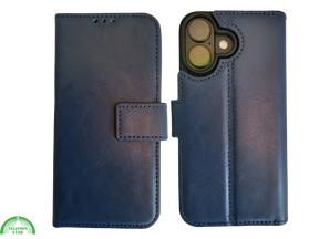 Boek Case Leer Wallet Case Donkerblauwe iPhone 16