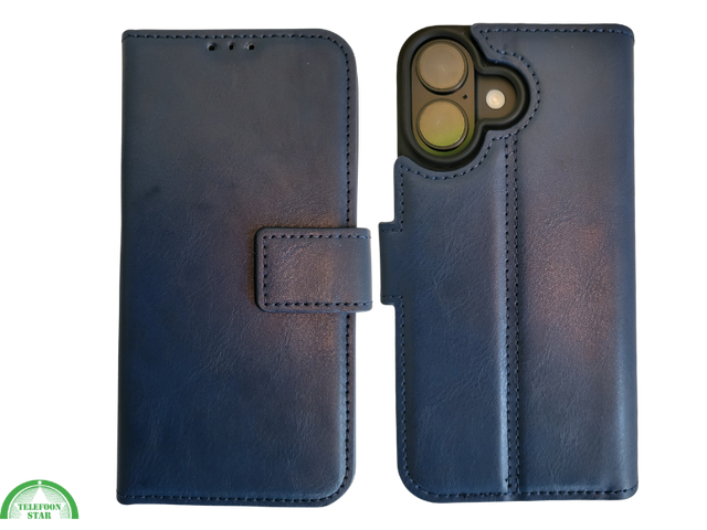 Boek Case Leer Wallet Case Donkerblauwe iPhone 16