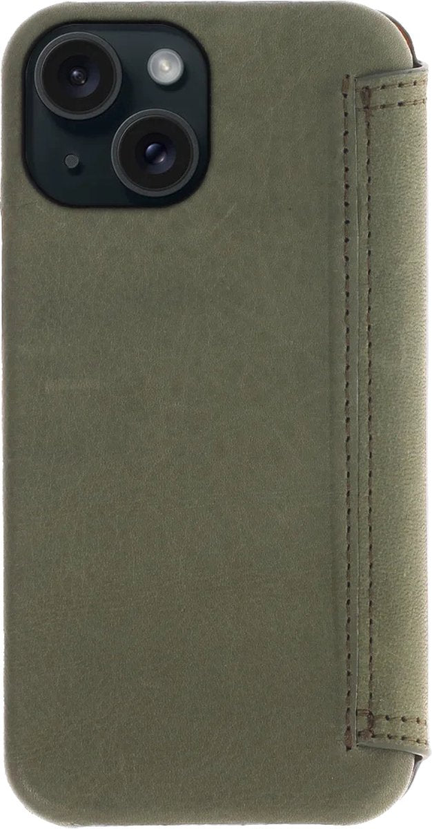 iPhone 15 100% Leer hoesje | Lederen Bookcase | Minimalistisch | Olijfgroen