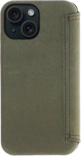 iPhone 15 100% Leer hoesje | Lederen Bookcase | Minimalistisch | Olijfgroen