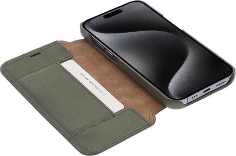 iPhone 15 Plus 100% Leer hoesje | Lederen Bookcase | Minimalistisch | Olijfgroen