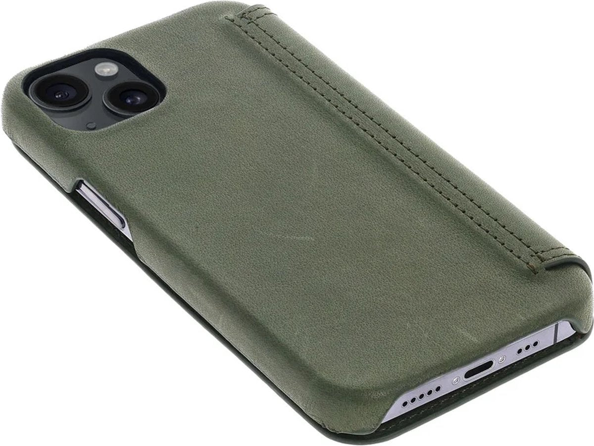 iPhone 15 100% Leer hoesje | Lederen Bookcase | Minimalistisch | Olijfgroen
