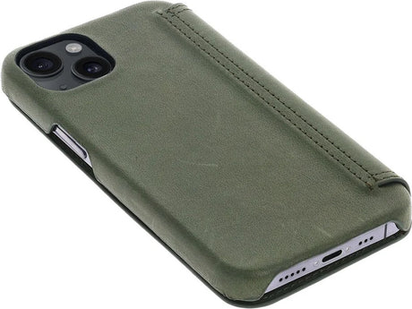 iPhone 15 Plus 100% Leer hoesje | Lederen Bookcase | Minimalistisch | Olijfgroen