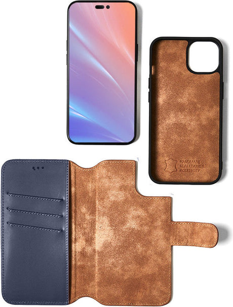 iPhone 15 Plus 2 in 1 Hoesje | 100% Leer | Minimalistisch | Blauw