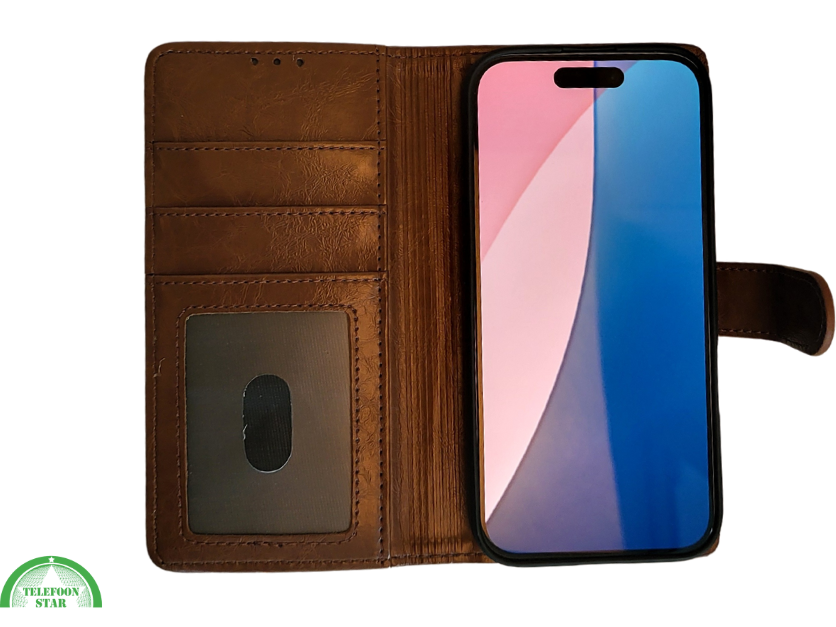 Boek Case Leer Wallet Case Donker Bruin IPhone 16