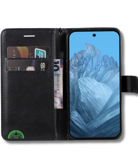 Hoesje Google Pixel 10 Pro Zwart Lederen Look Met Pasjeshouder & Magnetische Sluiting