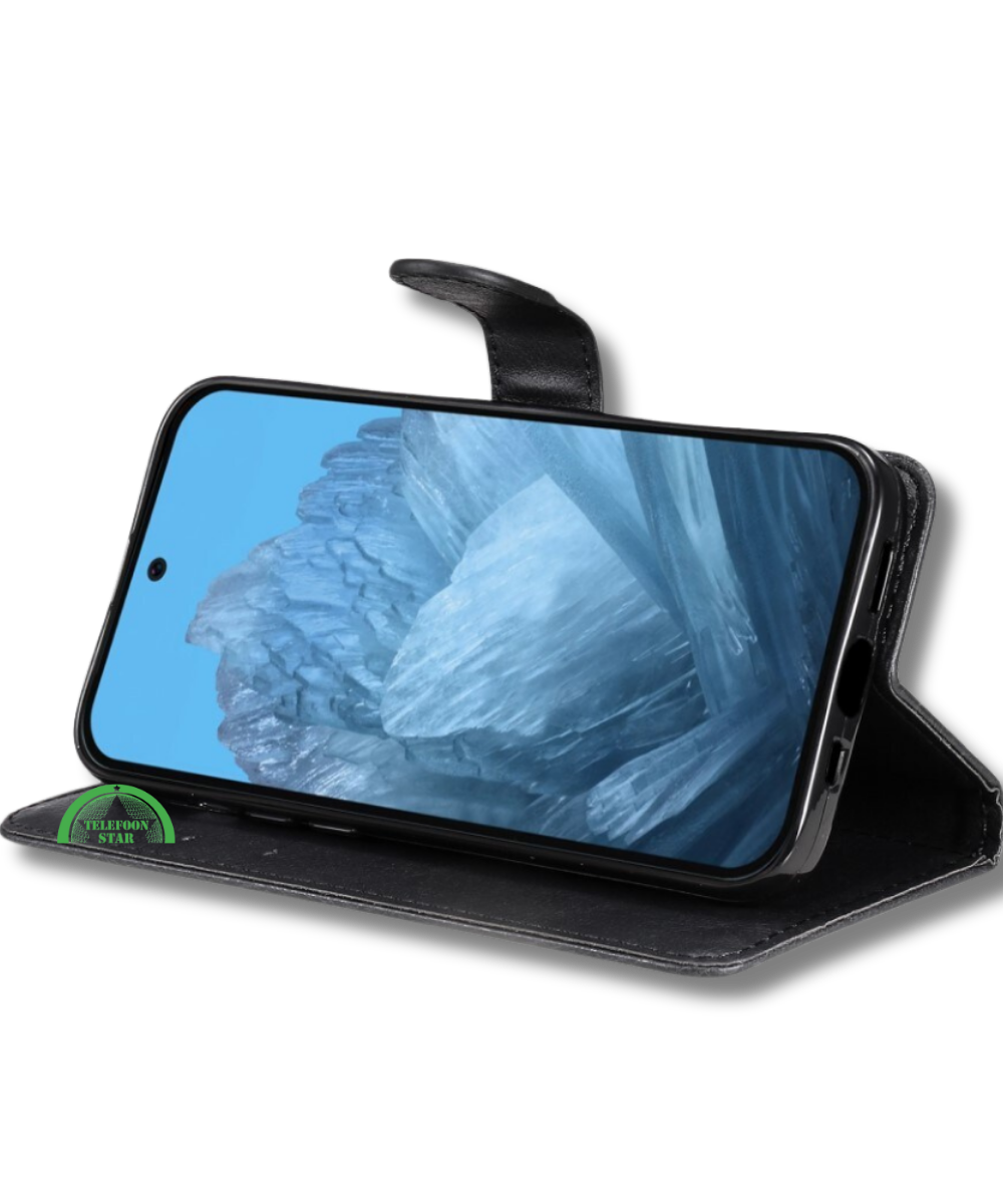 Hoesje Google Pixel 10 Pro Zwart Lederen Look Met Pasjeshouder & Magnetische Sluiting