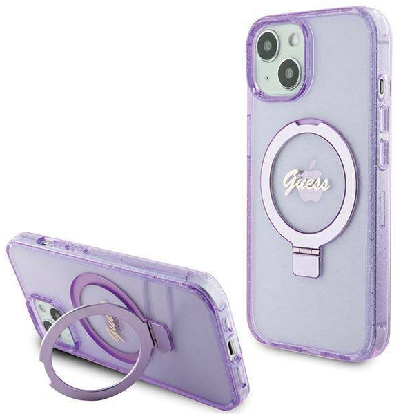 iPhone 15 MagSafe met Ringstandaard Hoesje | Guess Hoesje | Glitter Paars