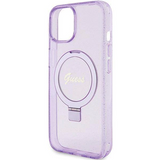iPhone 15 MagSafe met Ringstandaard Hoesje | Guess Hoesje | Glitter Paars