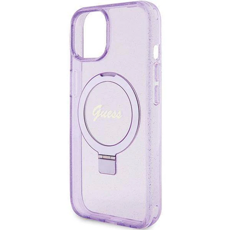 iPhone 15 MagSafe met Ringstandaard Hoesje | Guess Hoesje | Glitter Paars