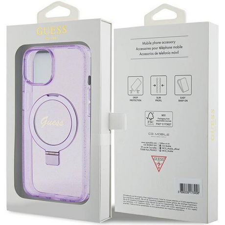 iPhone 15 MagSafe met Ringstandaard Hoesje | Guess Hoesje | Glitter Paars