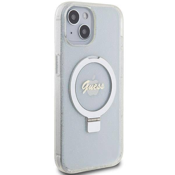 iPhone 15 MagSafe met Ringstandaard Hoesje | Guess Hoesje | Glitter Transparant