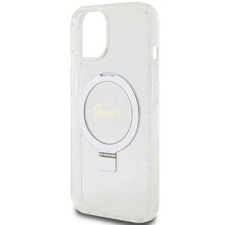 iPhone 15 MagSafe met Ringstandaard Hoesje | Guess Hoesje | Glitter Transparant