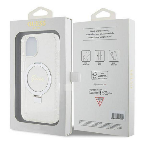 iPhone 15 MagSafe met Ringstandaard Hoesje | Guess Hoesje | Glitter Transparant