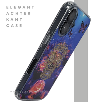 iPhone 16 hoesje transparant met neon skull en vlinder design schokbestendig