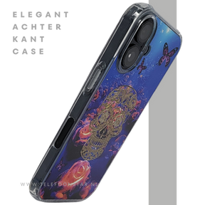 iPhone 16 hoesje transparant met neon skull en vlinder design schokbestendig