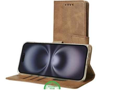 iPhone 17 Bookcase Hoesje Bruin &ndash; Standfunctie &amp; Kaartvakjes