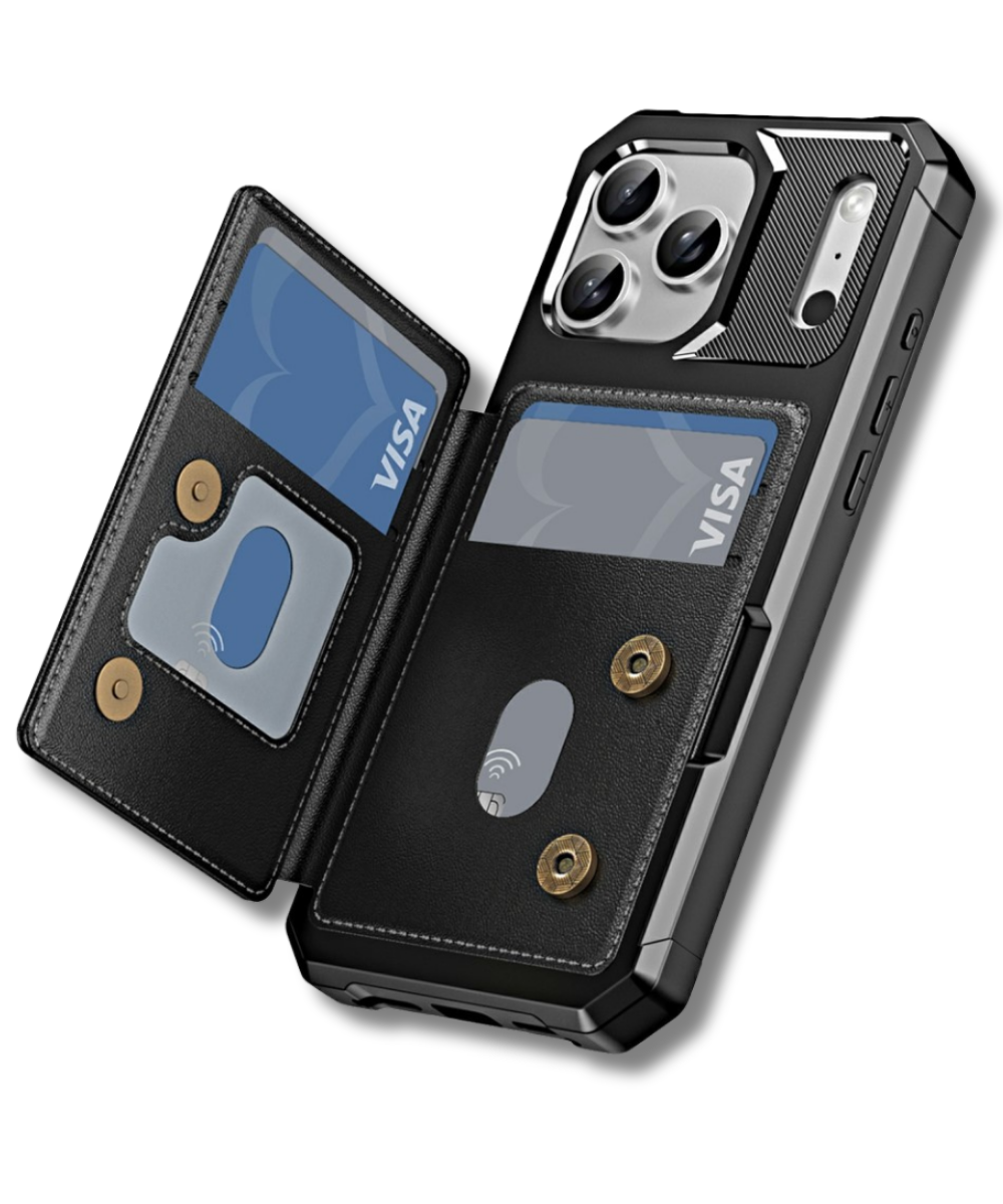 iPhone 17 Pro Case Card Slot Kickstand Leather + TPU Reinforced Corner Phone Cover - Black