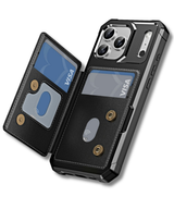 iPhone 17 Pro Case Card Slot Kickstand Leather + TPU Reinforced Corner Phone Cover - Black