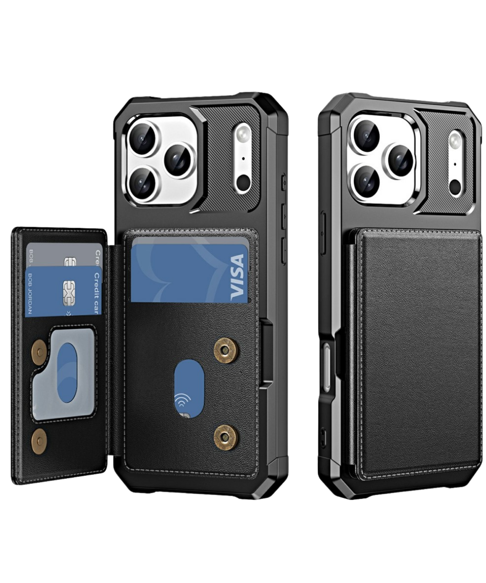 iPhone 17 Pro Case Card Slot Kickstand Leather + TPU Reinforced Corner Phone Cover - Black