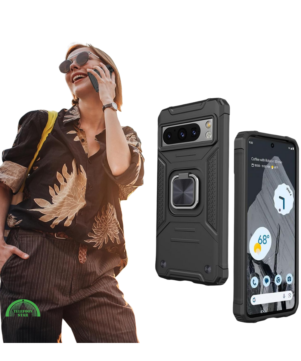 Hoesje voor Google Pixel 8 Zwart Rugged Armor met Ring Kickstand Extra Sterke Bescherming