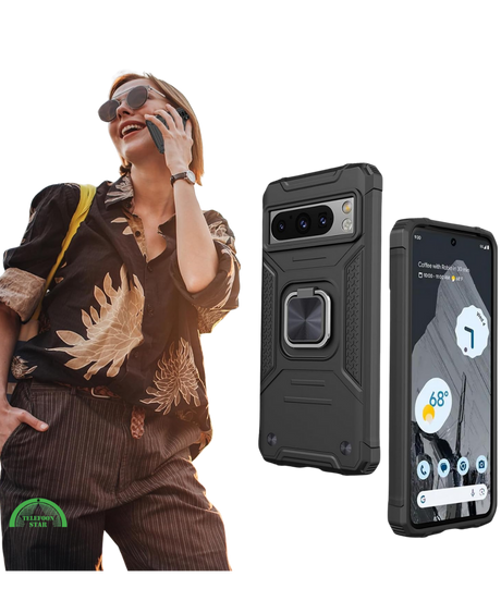 Hoesje voor Google Pixel 8 Zwart Rugged Armor met Ring Kickstand Extra Sterke Bescherming