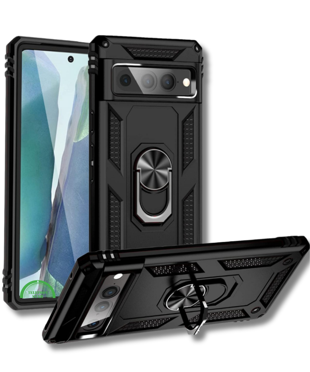 Hoesje voor Google Pixel 8 Zwart Rugged Armor met Ring Kickstand Extra Sterke Bescherming