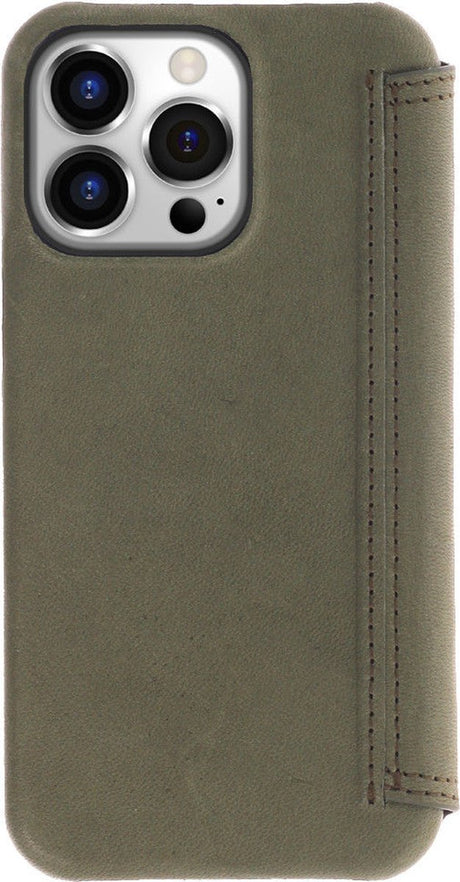 iPhone 15 Pro Max 100% Leer hoesje | Lederen Bookcase | Minimalistisch | Olijfgroen