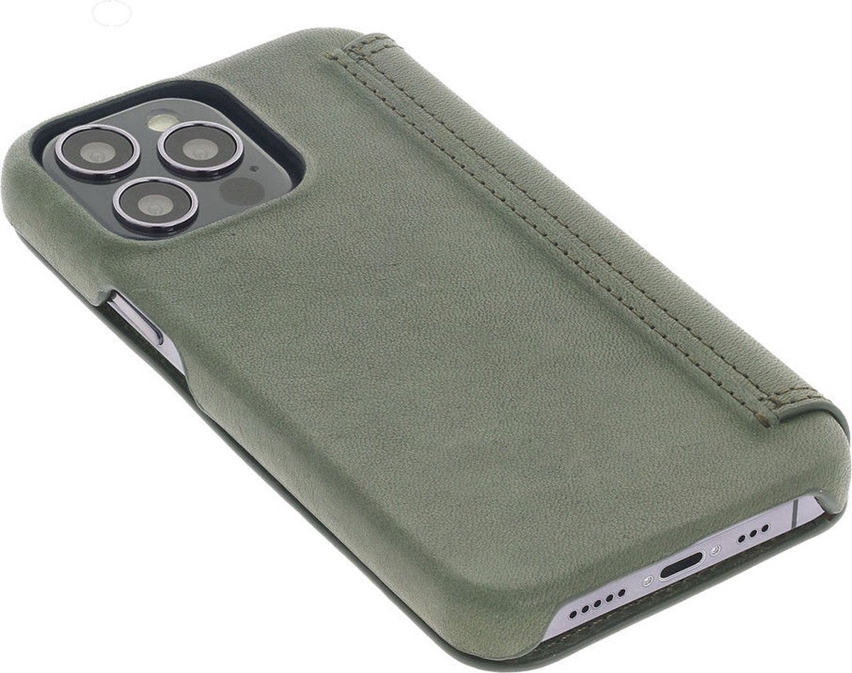 iPhone 15 Pro 100% Leer hoesje | Lederen Bookcase | Minimalistisch | Olijfgroen