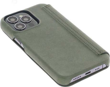 iPhone 15 Pro Max 100% Leer hoesje | Lederen Bookcase | Minimalistisch | Olijfgroen