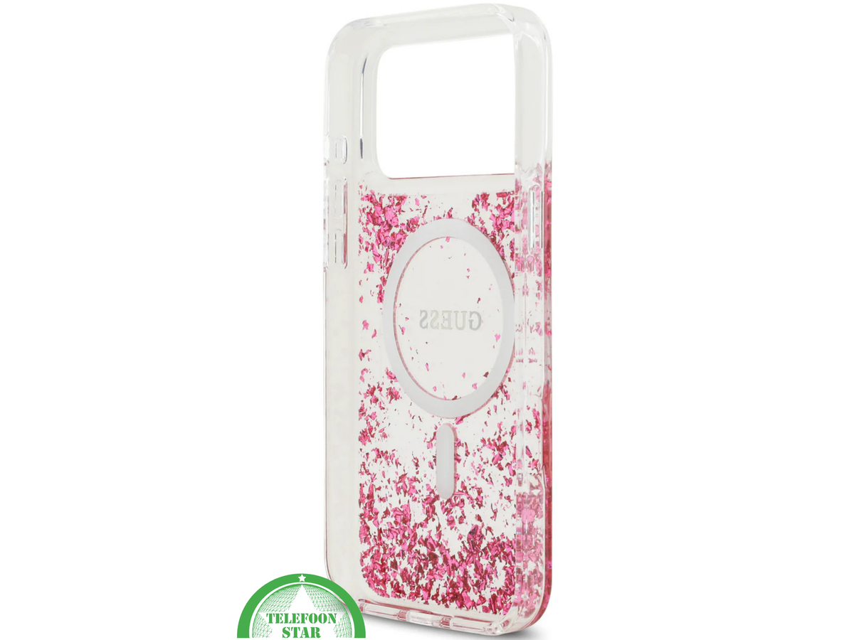 iPhone 17 Pro Max Guess MagSafe Hoesje &ndash; Roze Glitter Transparante Bescherming