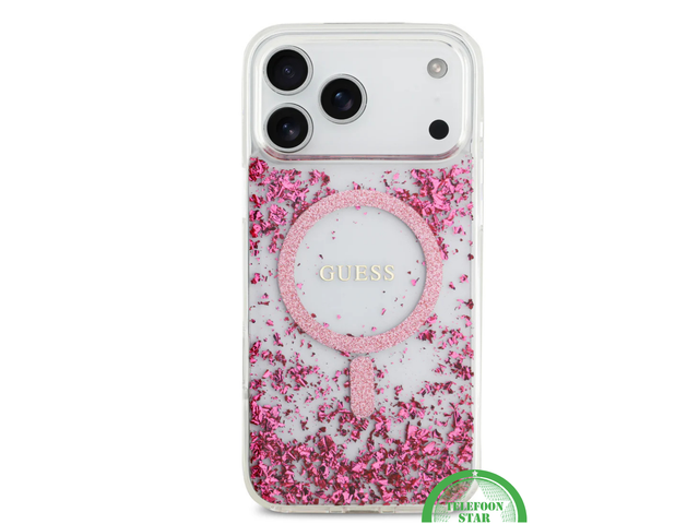 iPhone 17 Pro Guess MagSafe Hoesje &ndash; Roze Glitter Transparante Bescherming