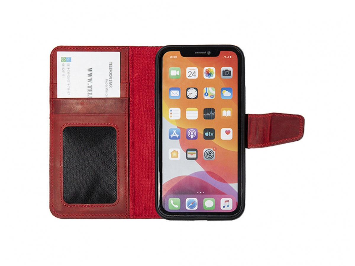 iPhone 15 100% leer hoesje | Ruimte voor drie pasjes | 2 in 1 functie | Rood