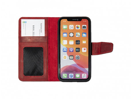 iPhone 15 Plus 100% leer hoesje | Ruimte voor drie pasjes | 2 in 1 functie | Rood